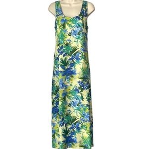 Vintage 90s Connie Choi Linen Rayon Tropical Maxi Dress USA Small Tie Waist